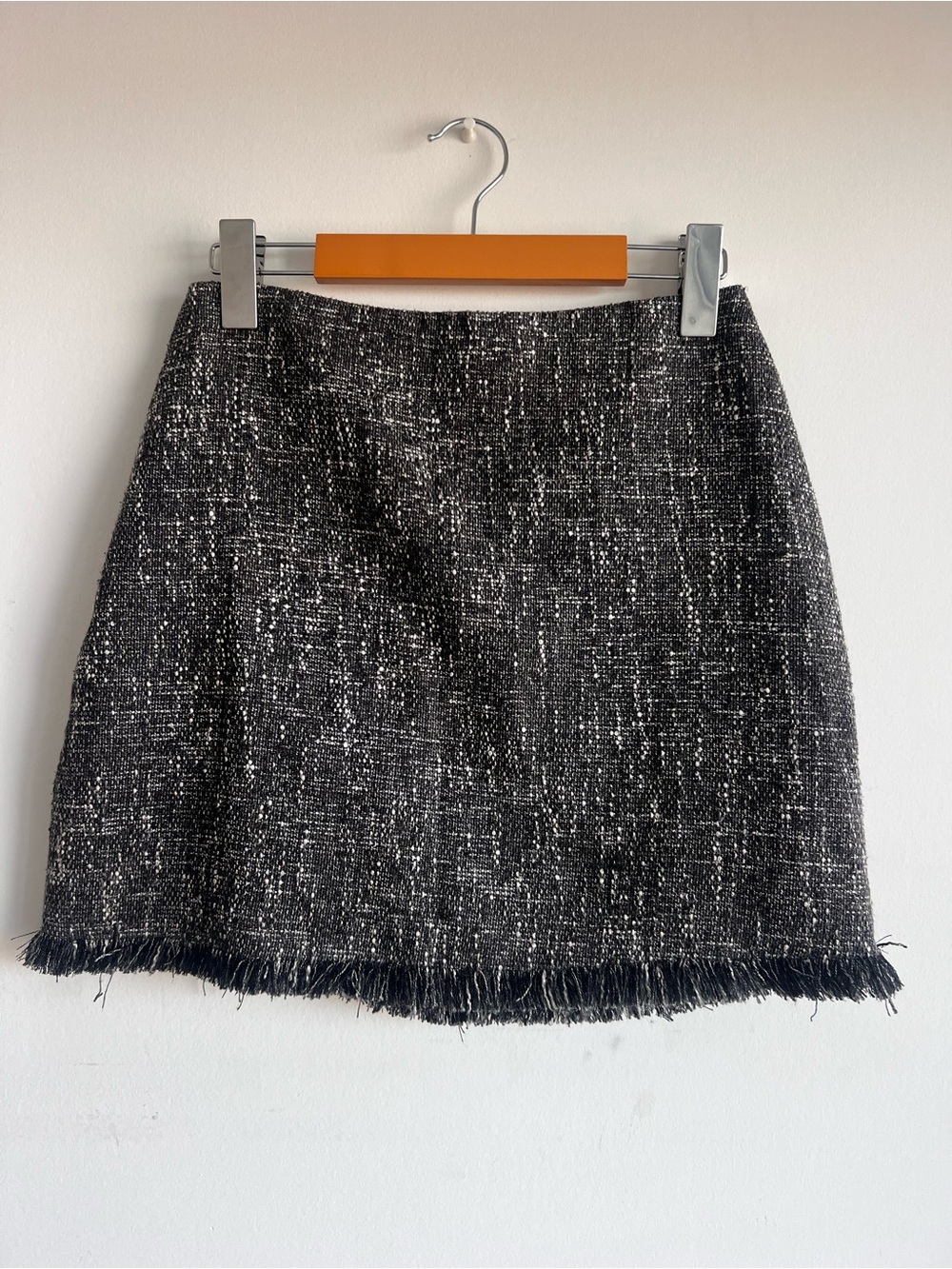 Textured Black Tweed Mini Skirt with Fringe Hem